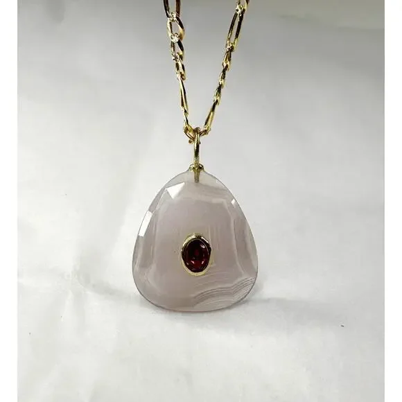 Agate Garnet Sterling Silver Gold Vermeil Pendant Necklace Figaro Chain 20” - Picture 2 of 6
